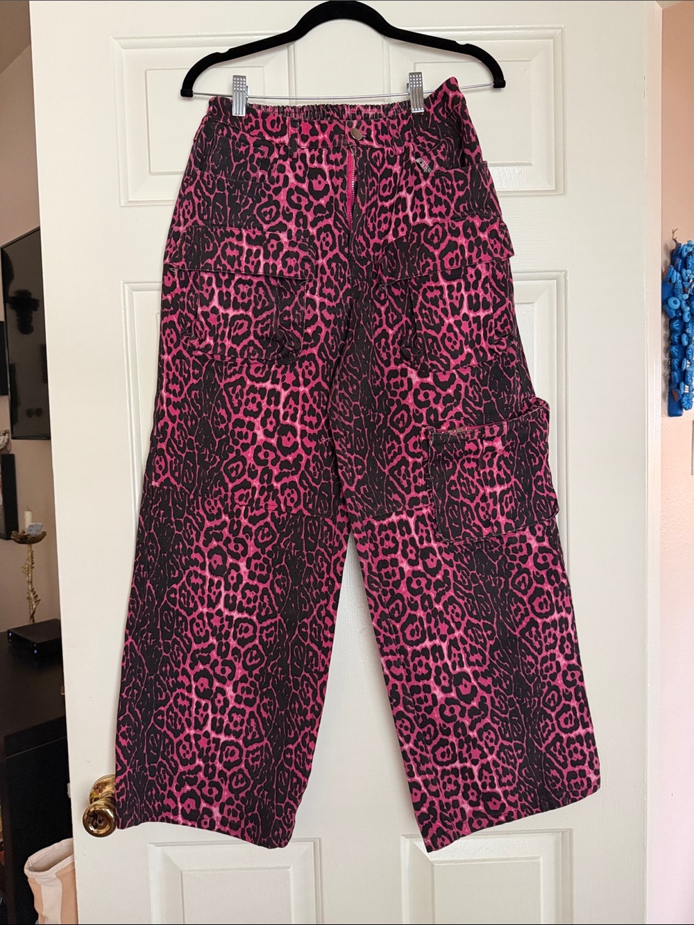 Betsey Johnson Black and Hot Pink Wide-Leg Cargo Pants